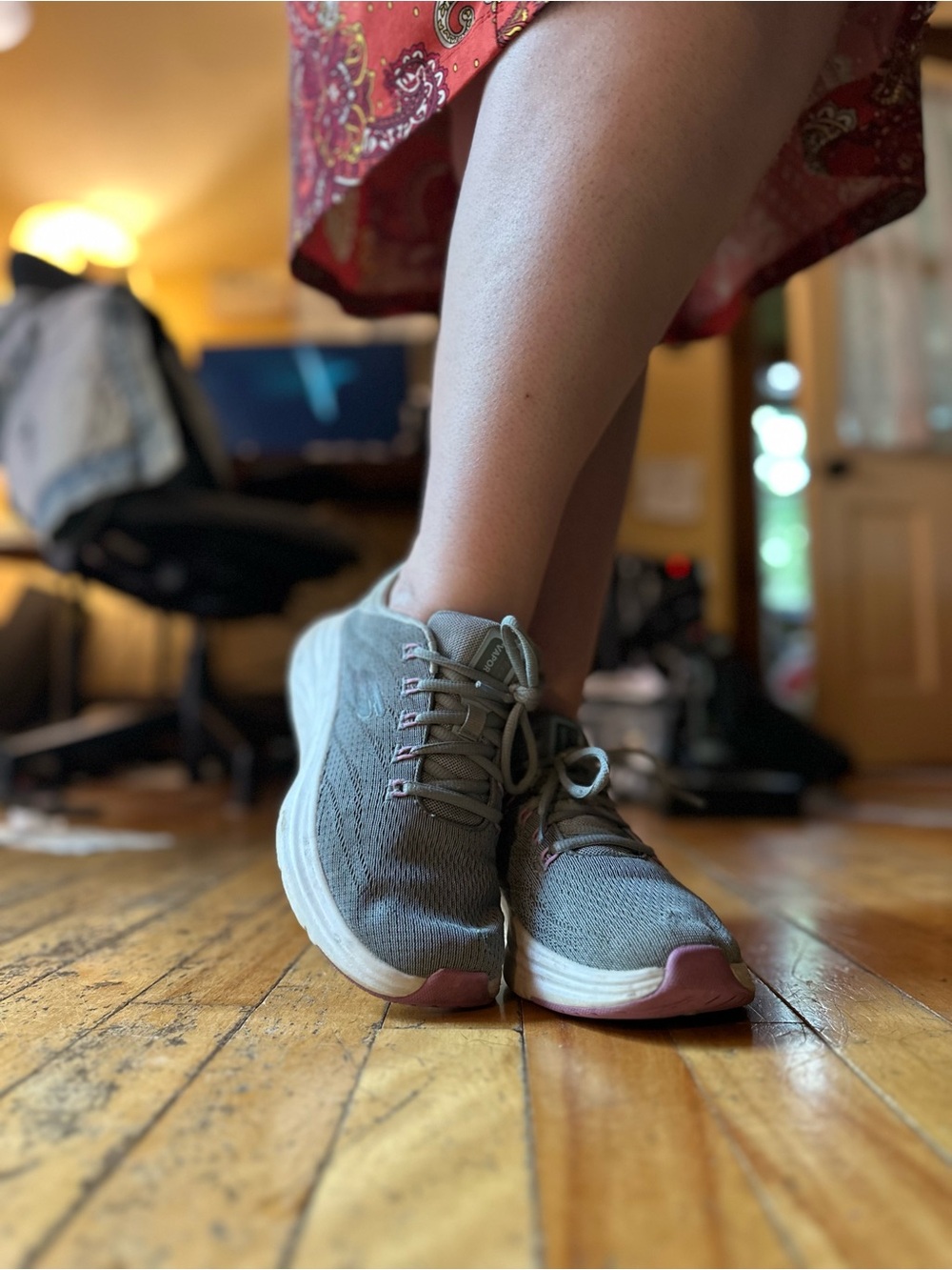 Well Worn, Comfy Skechers Gray Athletic Walking Sneakers with Pink Accents